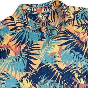 IZOD Golf Polo‎ Shirt Tropical Palm Print Peach Blue Men Medium Stretch